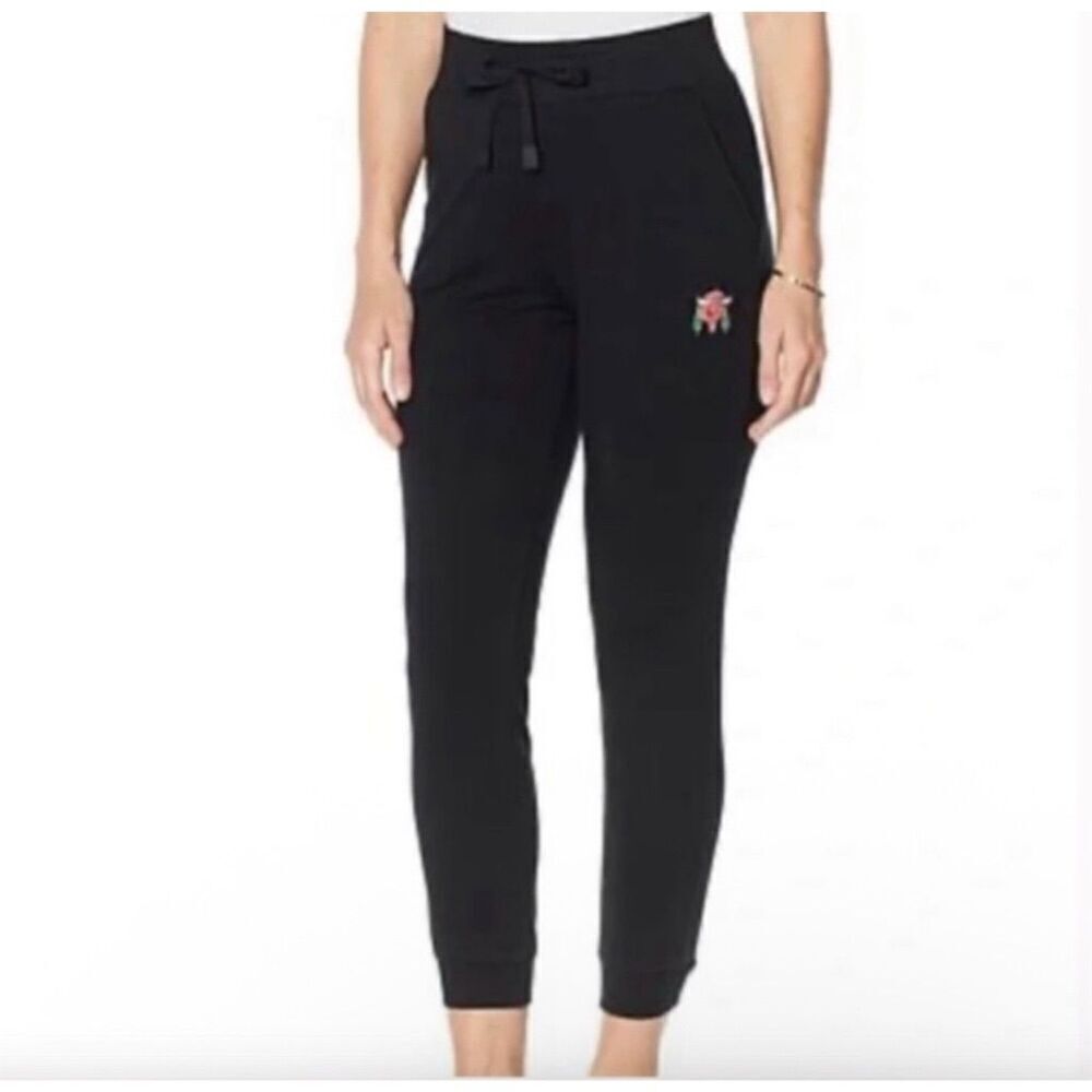 Badgley Mischka Embroidered Black Jogger Pants M Soft Stretch Cozy Comfy